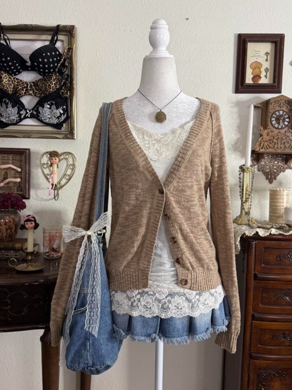Cozy fairy grunge boho tan colored knit cardigan